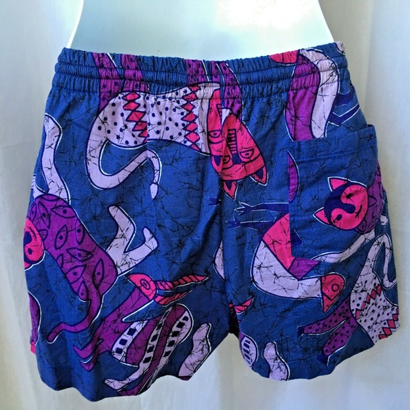 Shirt & Shorts SET Vintage 90s Cats Print Purple Pink Primitive Art Swim Beach M - Picture 3 of 11